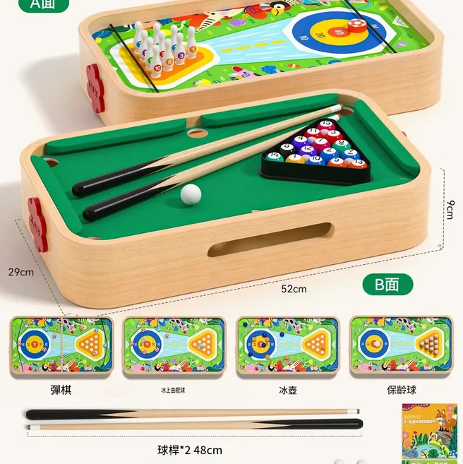 MUWANZI 桌面撞球桌遊戲組 五合一標準款A, 升級款 ️ 一體式檯球52cm 檯球 冰壺 冰球 彈彈棋 保齡球, 1個