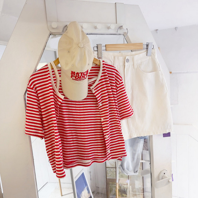 (set) 소프트 스트라이프 나시 반팔 가디건