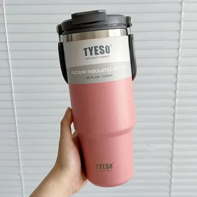 Tyeso 600/750/900ML 자동차 커피 컵 열 병 짚 휴대용 스포츠 절연 진공 플라스크 여행 물병, Pink, 1개