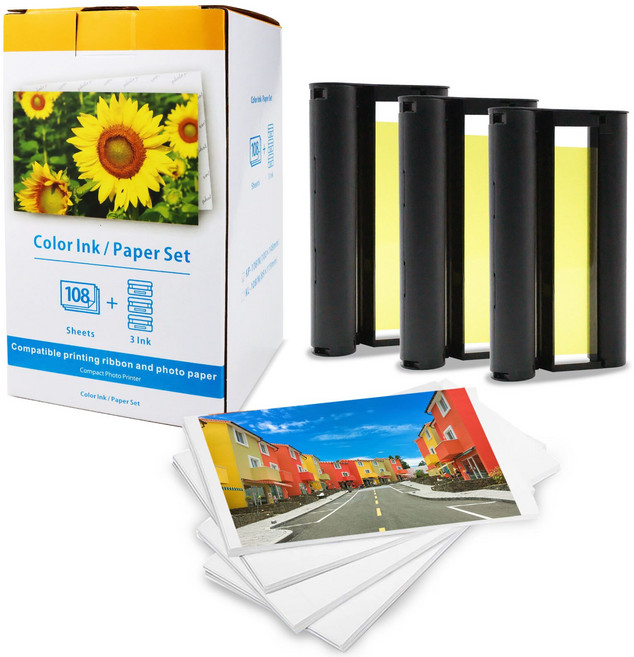 캐논 호환 셀피 잉크 카트리지 topcolor compatible canon selphy cp1300 cp1200 cp1000 cp910 cp900 photo printer, 잉크 3개 + 인화지 108매, 1개