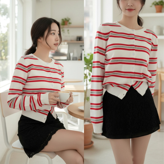 핏몬 여성 단가라 배색 스트라이프 니트 가디건 봄 가을 캐주얼 기본핏
