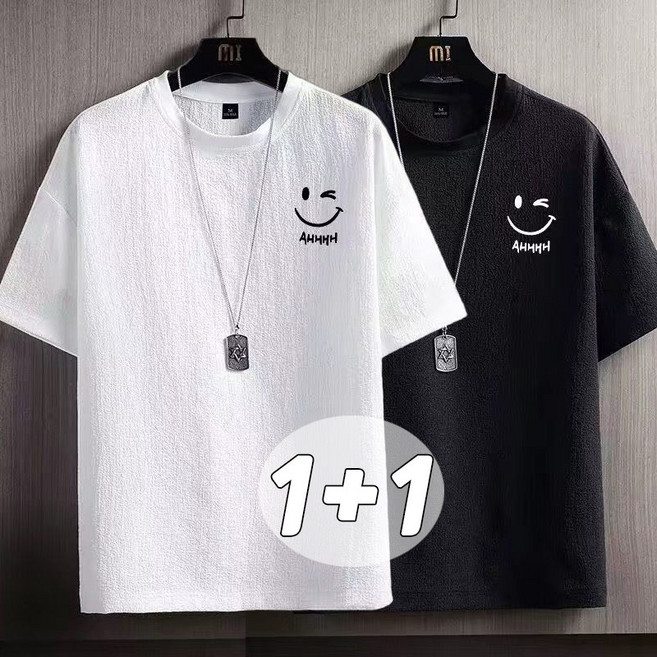 1+1 여름 아이스 반팔 티셔츠 스마일 패션 시원한 쿨링 라운드티 빅사이즈