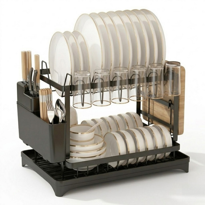 Dewhut대용량이고 튼튼하며 내구성 좋고 조립 간편한 주방 수납 식기 건조대, 1개, 블랙, 2단