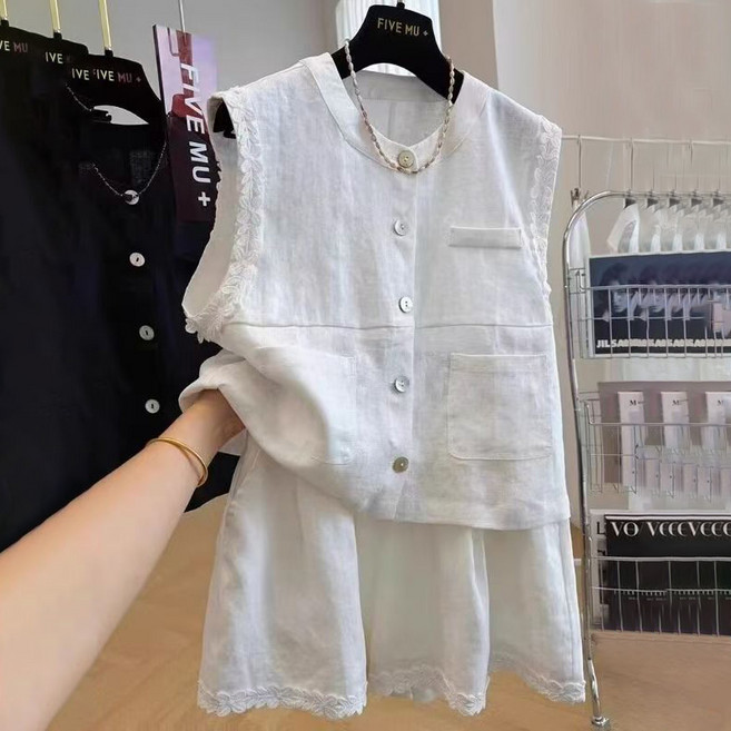 SELEAD 투피스세트 민소매티+ 4부린넨반바지 플리츠상의 린넨셋업 반바지세트 여성여름셋업 여자여름반바지 나시세트