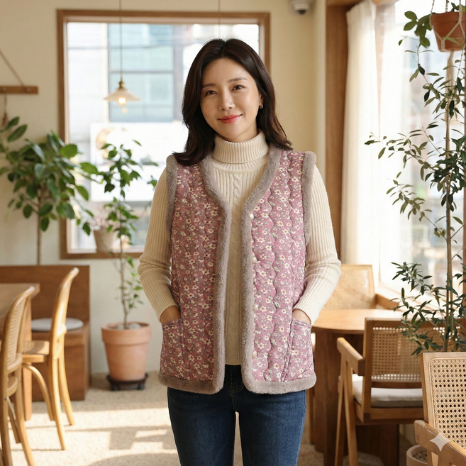 모스터 여성 촌캉스 꽃무늬 할머니 김장 조끼