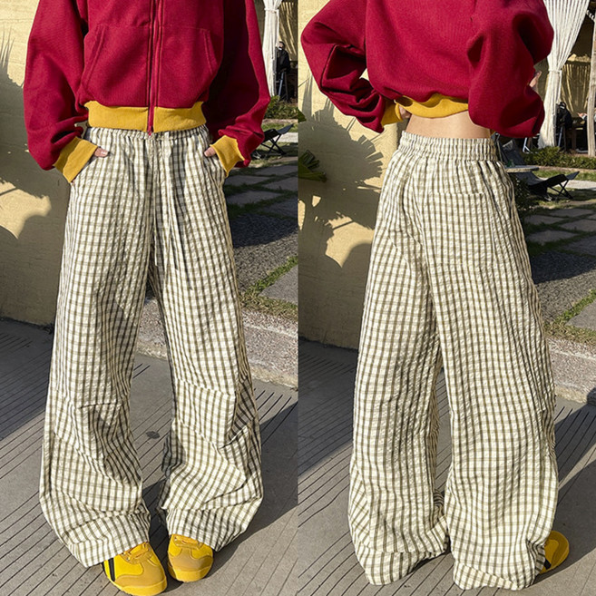 아키무 남녀공용 핀턱 와이드팬츠 체크무늬 밴딩 슬랙스