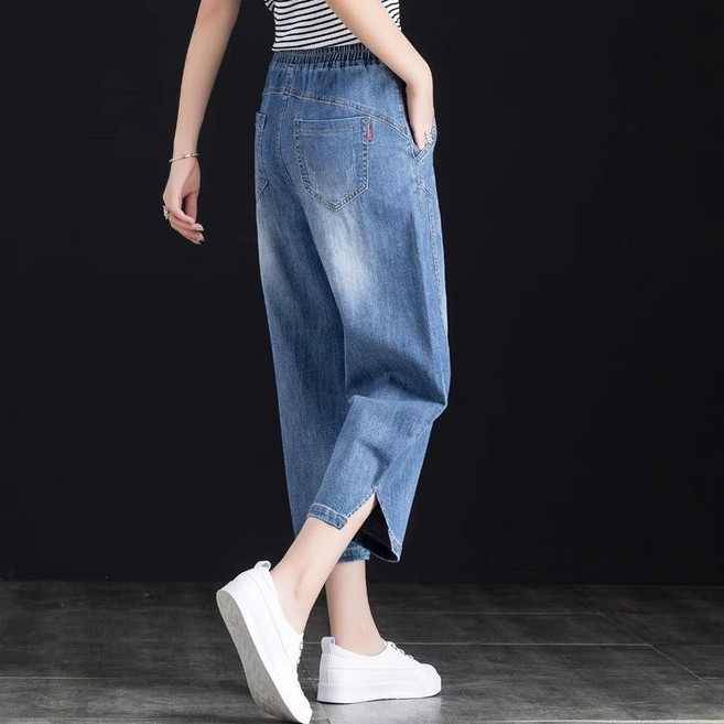 여성 칠부 청바지 봄 여름 루즈핏 허리밴딩 데님 반바지 캐주얼 슬림핏 하이웨스트 얇은 배기 팬츠 빅사이즈 YHY