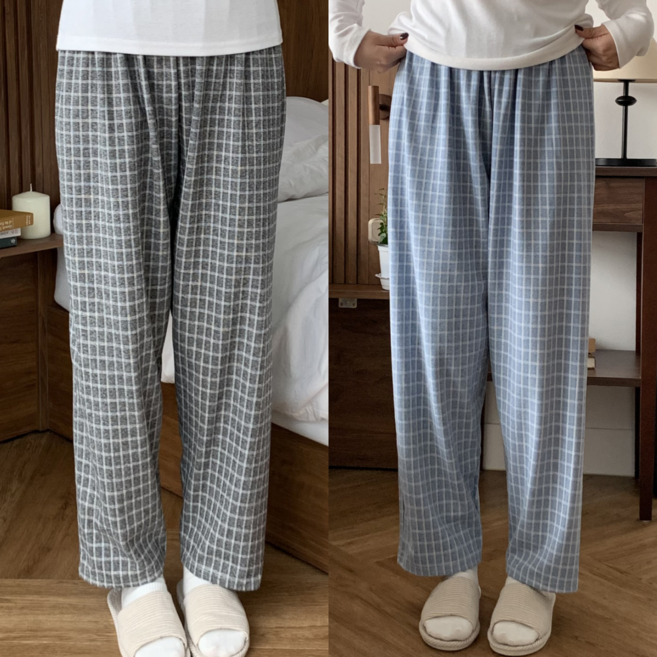 남녀공용 커플 포근한 극세사 스판 9부 와이드 체크 수면 기모 잠옷바지 2종 세트