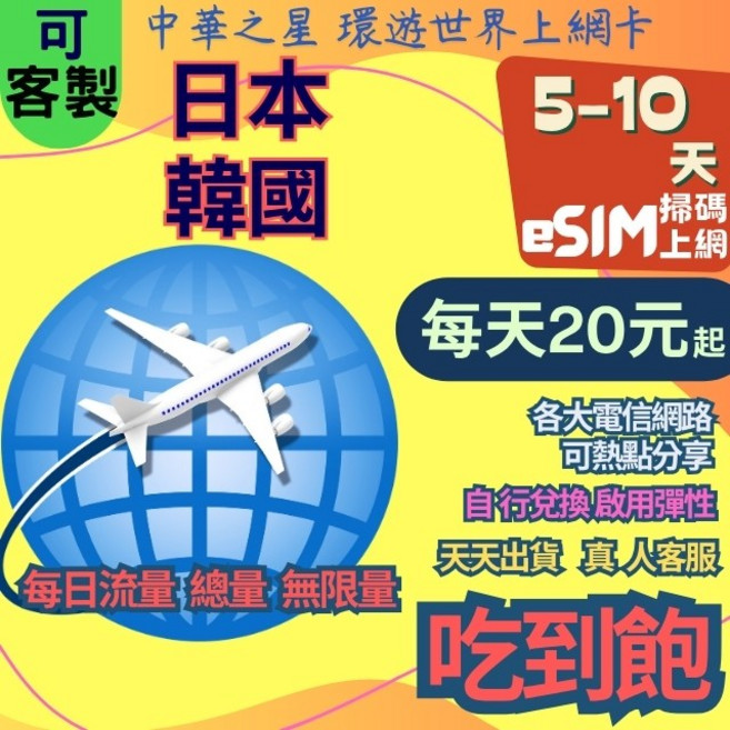 中華之星 日本韓國旅遊 eSIM上網卡, eSIM 10天,A【白金】日本韓國每天3GB降速吃到飽