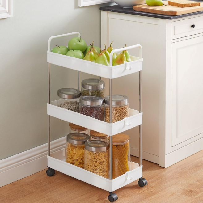 SONGMICS 다용도 이동식 360도 회전 바퀴 플라스틱 트롤리 욕실 주방 사무실 세탁실용, 화이트, 3단