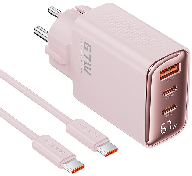 Toocki GaN PPS 67W 3포트 접지형 디스플레이 초고속 멀티충전기, 1세트, 핑크