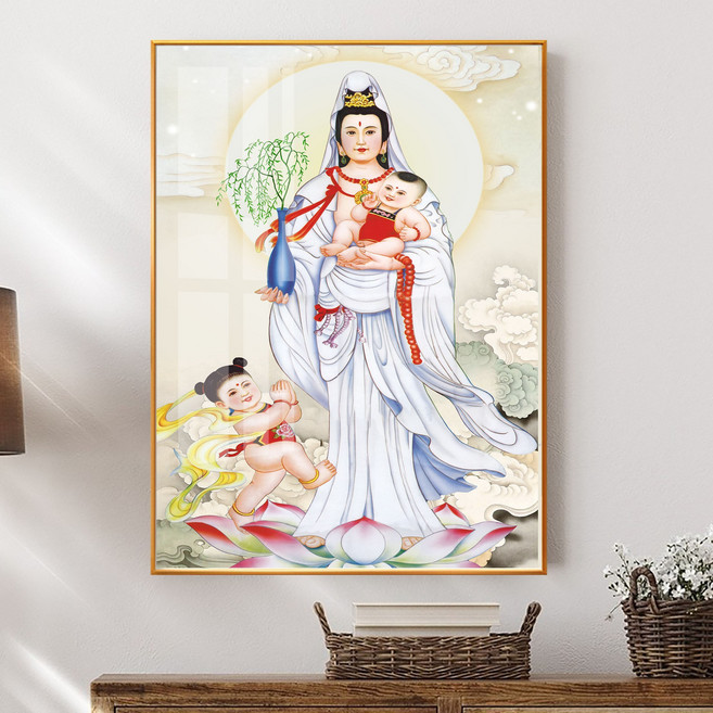 新中式坐蓮觀音菩薩掛畫 客廳佛堂玄關裝飾壁畫, 1件, 10   輕奢金色   高端鋁合金外框