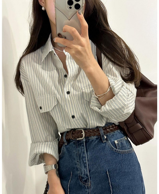 더블공주 여성 싱글버클 포켓 세로 스트라이프 데일리룩 긴팔 셔츠