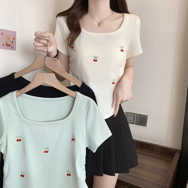 체리 자수 라운드 반팔 블라우스 빅사이즈 티셔츠 여성 셔츠 여름 쉬폰 하객 스트라이프