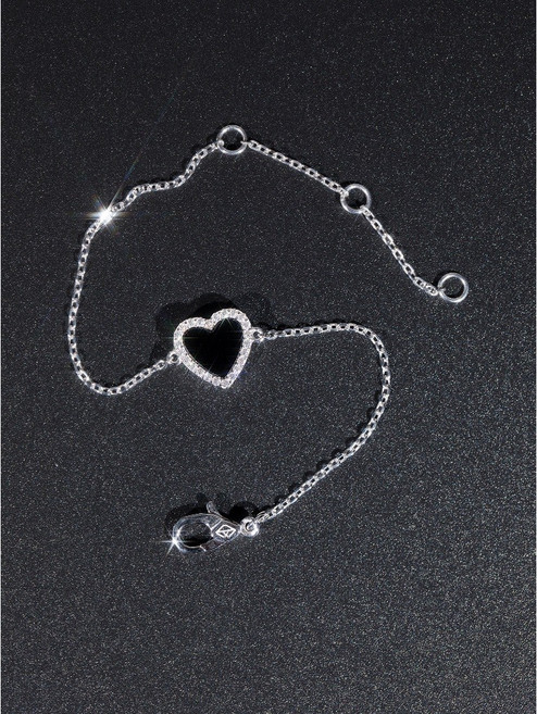 WBJ 愛心黑瑪瑙寶石手鏈 純銀手鍊 情侶手鍊