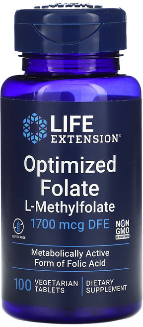 라이프 익스텐션 옵티마이즈드 엽산 L-메틸폴레이트 1700 mcg DFE 100 베지타블렛, 1개, 100정