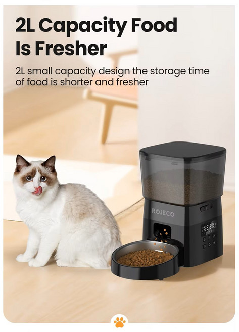 ROJECO 자동급식기 반려동물 피더 고양이먹이 디펜서, 1개, 블랙, 2L