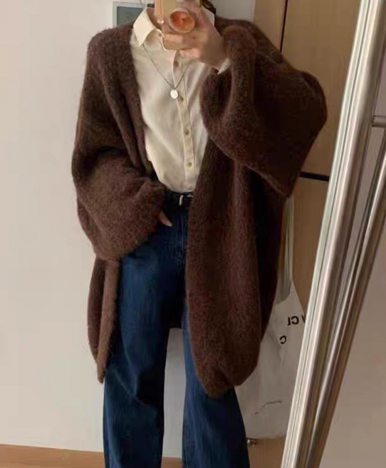 체인지쉬(change she) 여성 루즈핏 보들보들 벌룬소매 니트 가디건