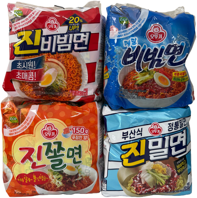(장우)봉지라면! 오뚜기 비빔 4종세트 ( 진비빔면+메밀비빔면+진쫄면+진밀면), 1세트