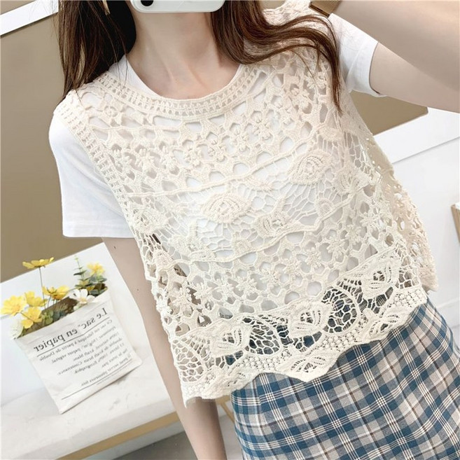 코바늘 조끼 모티브 뷔에스트 민소매 레이스 여름 뜨개질 니트 손 뜨개조끼