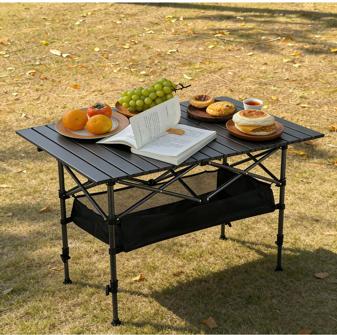 접이식 높이조절 캠핑 롤테이블 + 보관 가방, 블랙