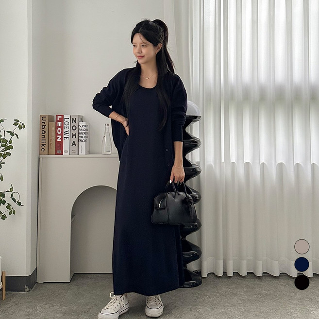 디테일웨어 여성 니트 긴팔 가디건 원피스 세트 빅사이즈 오버핏 민소매 A라인 롱원피스 비스코스 원단 투피스 임부복 젊줌마룩