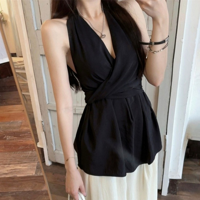 아이엠몽 여성 홀터넥 백리스 롱 나시 티셔츠