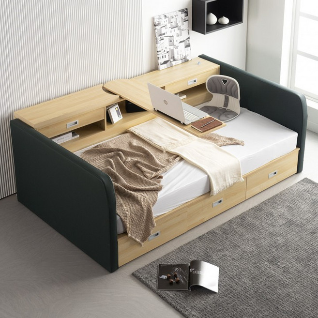 [에보니아] 레아.2 접이식테이블 멀티 수납형 침대 S 매트제외 (이단침대/데이베드), 카푸치노