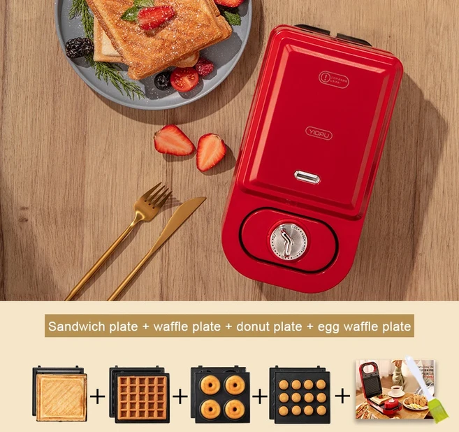 650W Sandwichera Electrica 다기능 와플 메이커 버블 계란 케이크 토스터 자동 아침 식사 비 스틱 와플 기, 01 영국, 02 Red with 4 plate