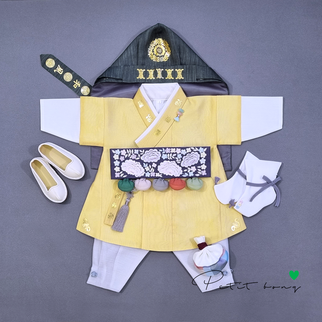 [백일 돌 세트구성] 남아한복 배색깃금박 노랑 쾌자(10%적용)_수복강녕겹복건(챠콜금박)+구름꽃돌띠(챠콜)