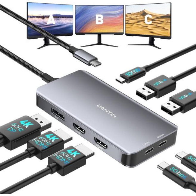 UANTIN USB C 도킹 스테이션 듀얼 모니터 어댑터 노트북 3 트리플 4K60Hz 디스플레이 HDMI 2개 4K120Hz 디스플레이포트 USB-A 및 USBC 데이터 10, 11.8inch