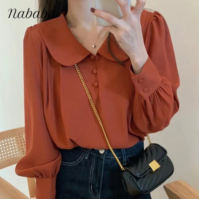 나바바 NB3018 여성 러블리 무지 둥근 카라 긴팔 블라우스