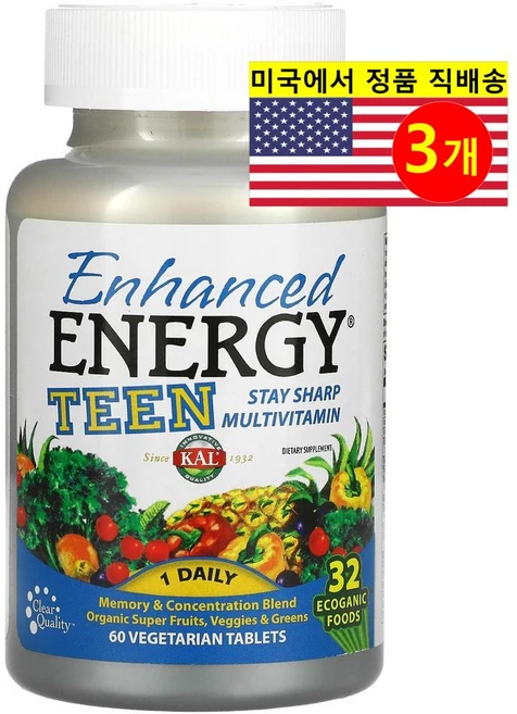 KAL 10대 청소년용 에너지 메모리 재충전 블렌드 Teen Memory & Concentration Blend, 3개, 60정 - 쿠팡