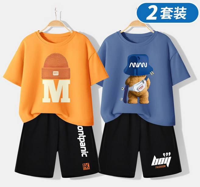 男童夏裝套裝 兒童休閒短褲夏季兩件套, 1個, 144C橘015黑+498藍B165黑120(建議身高105到115cm)