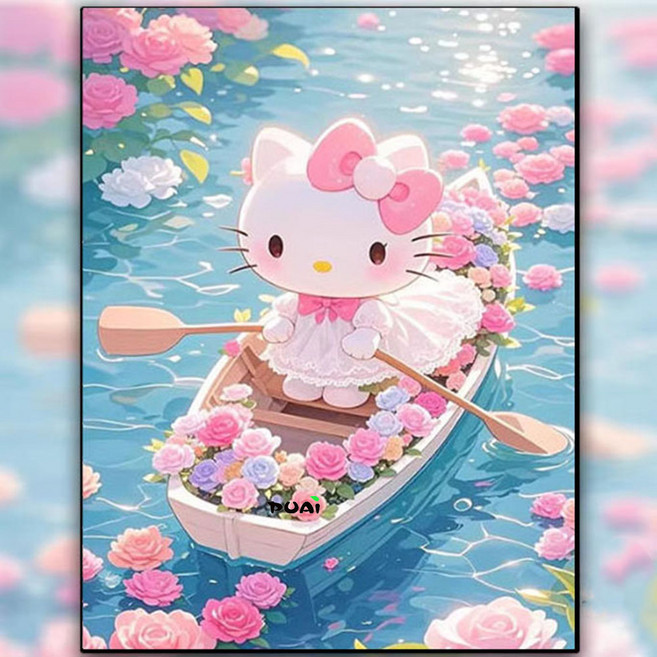 이리사 보석십자수 귀여운 키티 뱃놀이 3D 원형비즈 DIY 키트 애니 선물 캐릭터 홈데코, 1개, 40x50cm