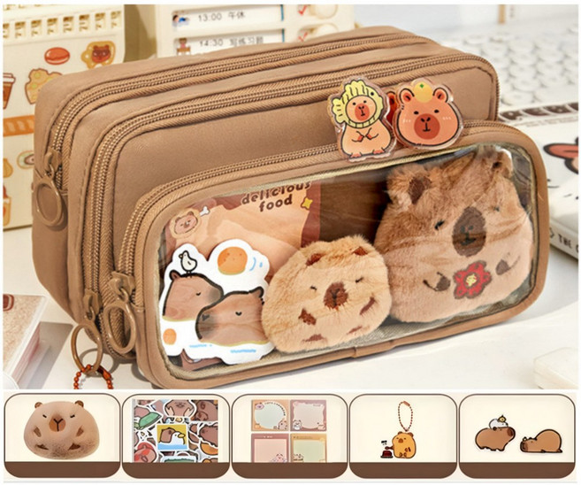 빌리네집 카피바라 필통 파우치 DIY 필꾸 학용품 선물, 브라운, 1개