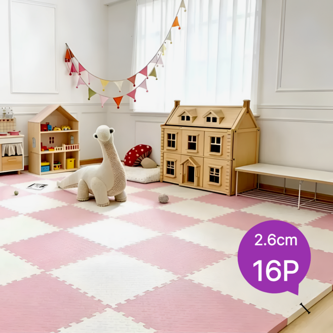 홈잼 두꺼운 층간소음 매트 대형 퍼즐매트 베란다 바닥매트, 화이트+핑크, 16개