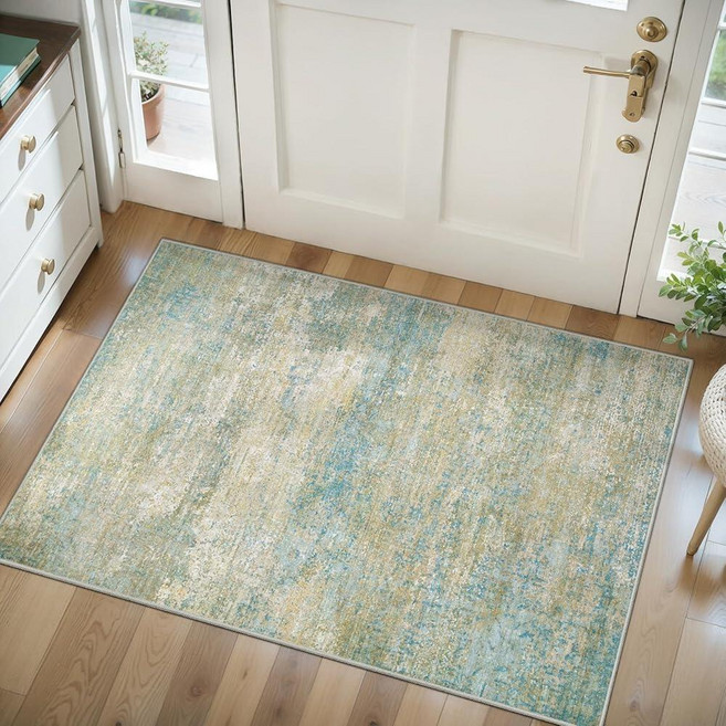 Tangsoo 4x6 Washable Area Rug Modern Non Slip Indoor Rugs for Living Room Abstract Contemporary, Mist Blue/Beige
