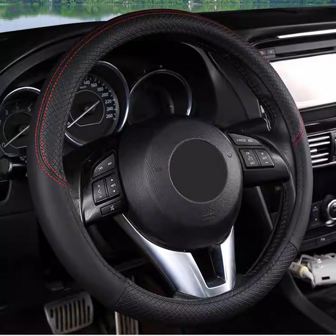 자동차 가죽 핸들커버 봉고 포터 G70 K3 K5 K9 QM6 SM3 SM5 SM7 코란도 올란도 레이 스포티지 니로 스파크 셀토스 그랜저 스타리아 캐스퍼 베뉴 37cm 38cm, 블랙