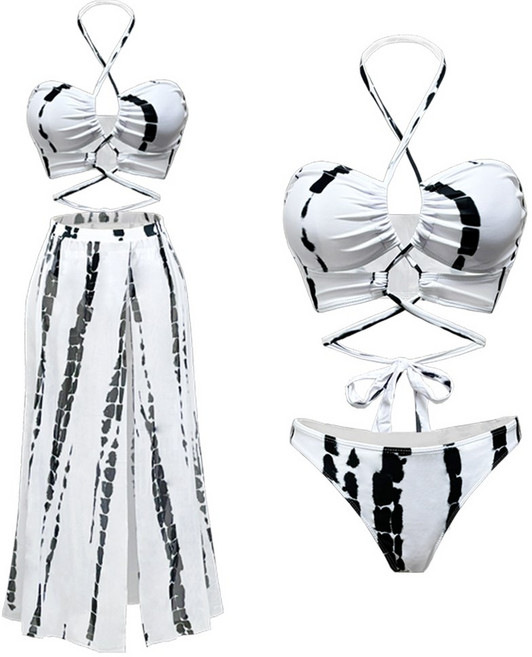 모노소울 커버업 돌체 롱스커트 3피스 언더붑 비키니 섹시 수영복 세트, 검정 (블랙&화이트믹스), L (66-77)
