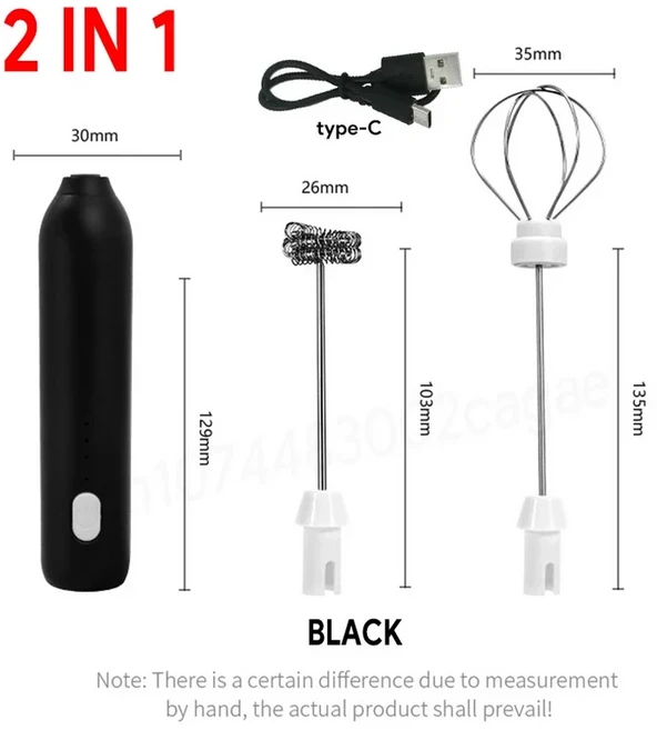 충전식 전기 커피 거품기 2 in 1 C타입 믹서기 스테인리스 스틸 3 가지 속도 우유 믹서 에그 비터 휴대용, 01 307-BLACK