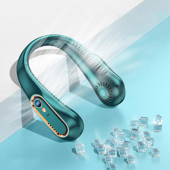 상하좌우 강력한 바람 휴대용 무선 넥밴드 선풍기, 그린 1+1