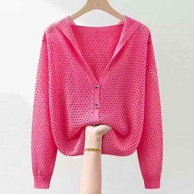 JoYouth 솔리드 코디 후드 루즈핏 블라우 얇은 빅사이즈 아우터 펀칭 카디건 봄여름옷 니트 긴팔