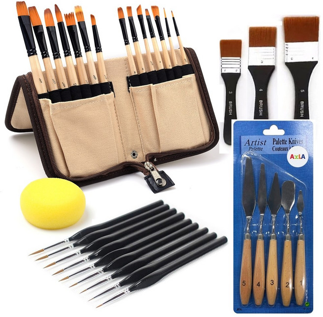 아클라 수채화 유화 아크릴 26종 붓 세트 + 5종 페인팅 나이프 + 파우치 + 스펀지 + 보관 박스, 1세트