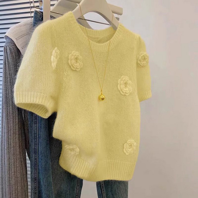 메인워크 여성 라운드넥 니트 반팔 티 봄가을 플라워 간절기 스판 기질 패션 데일리 루즈핏 베이직 풀오버 상의