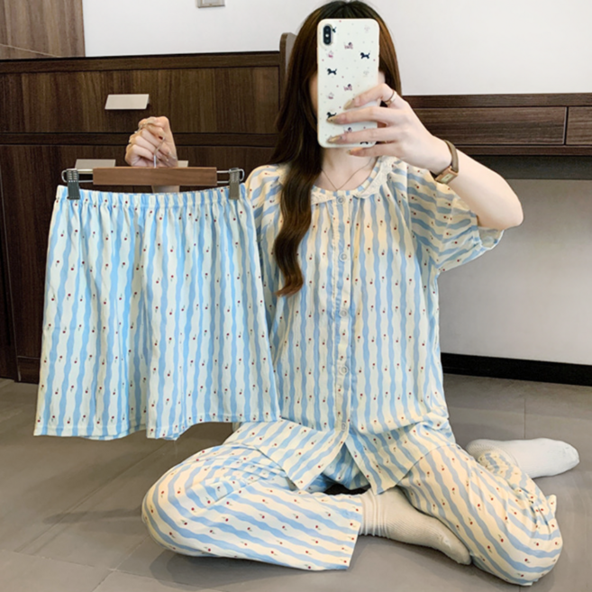 하바우 여성 코티지 프릴 쓰리피스 파자마 상하세트