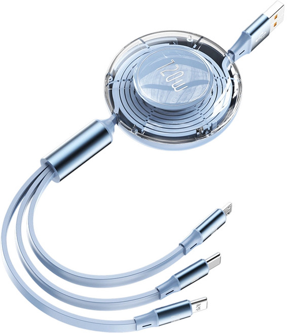 3in1 120W 신축 고속충전케이블 휴대용 신축 충전선 여행용으로 사용 가능, 1개, 파란색, 120cm