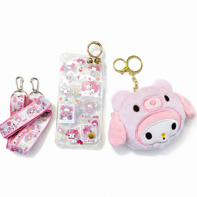 폰꾸 AT-M130 투명 마이멜로디 캐릭터 큐티 핑크 봉제 인형지갑 미니파우치 거치대 목걸이 잼폰2 포켓몬폰2 마이브키즈폰 폰케이스