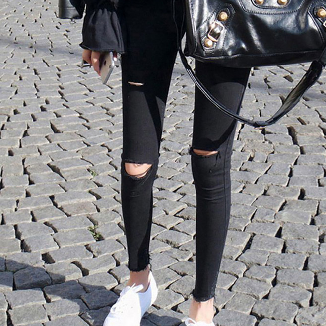 페이준 여성 봄여름 찢어진 바지 위에 얇은 스키니 빅사이즈 바지를 입기 HU9586