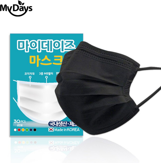 마이데이즈 컬러 성인용 귀편한 비말 먼지차단 덴탈마스크 베이직 특대형, 티타늄(블랙), 1박스, 30매입